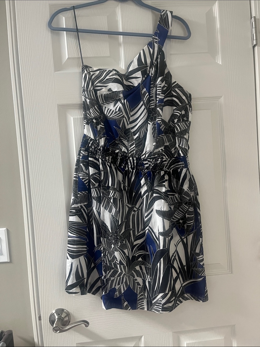 Trina Turk One-Shoulder Blue Black & White Tropical Dress